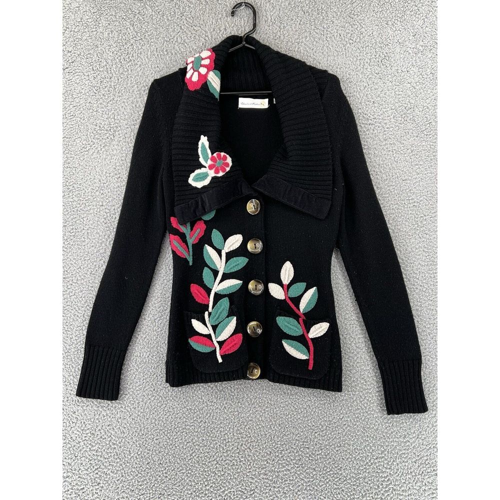 Charlie Robin Womens M Button Up Applique Large Collar Wool Cardigan Sweater Y2K